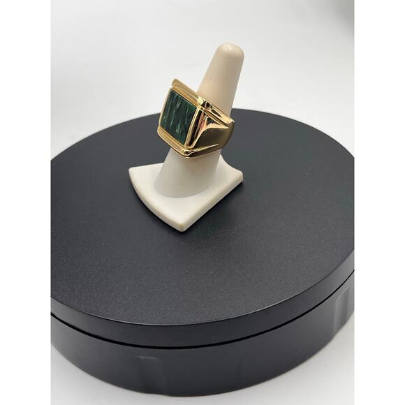 Mid-Century Malachite Cocktail Ring in 14k Yellow Gold  Heavy Gold Plated Vermeil Bezeled Green Malachite Chunky Cocktail Ring Sz 7 3/4‎